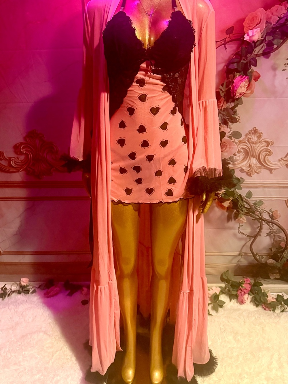 Pink & Black Heart Lace Babydoll Lingerie Dress + Ruffle Robe 2-Piece Set